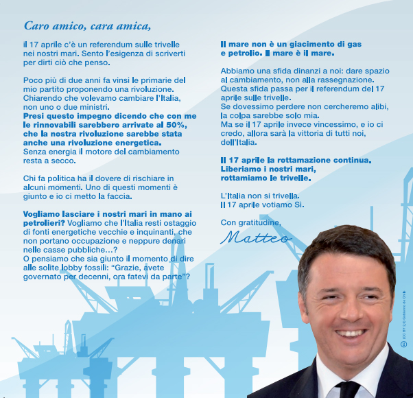 Renzi invita gli italiani a votare per le trivelle: il volantino di Greenpeace Renzi invita gli italiani a votare per le trivelle: il volantino di Greenpeace