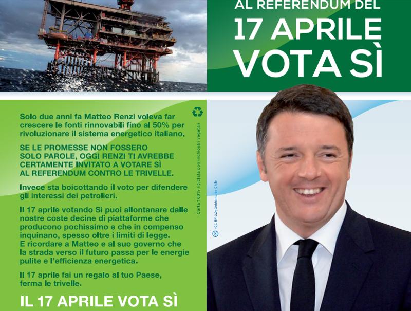 Renzi invita gli italiani a votare per le trivelle: il volantino di Greenpeace Renzi invita gli italiani a votare per le trivelle: il volantino di Greenpeace