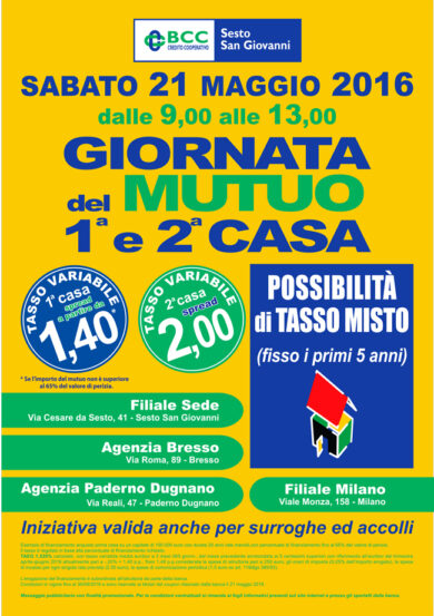 Sabato 21 maggio BCC Sesto San Giovanni lancia la giornata del mutuo