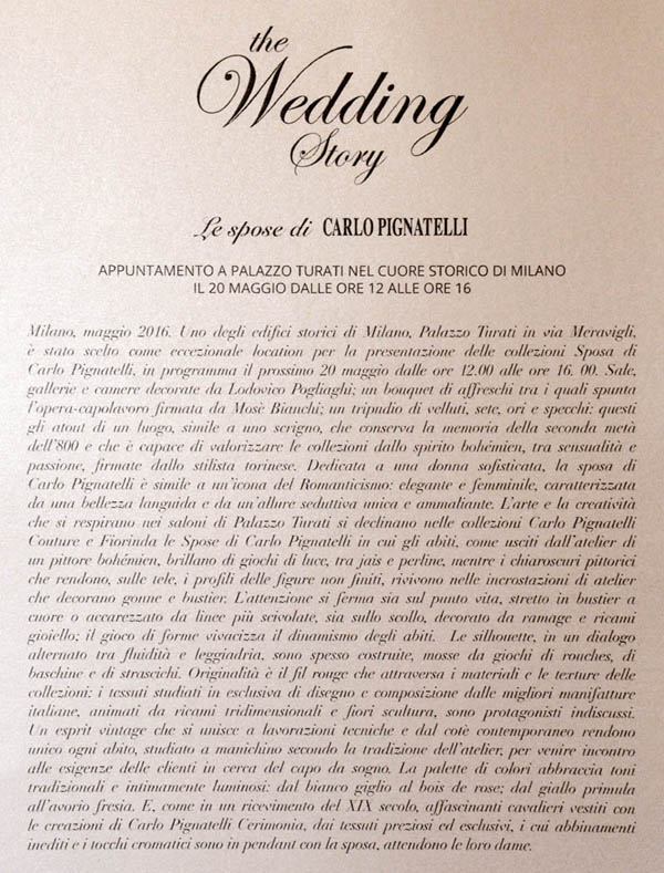 Carlo Pignatelli, presenta la sua collezione sposa a Palazzo Turati Carlo Pignatelli, presenta la sua collezione sposa a Palazzo Turati