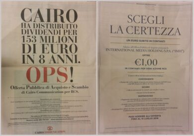 Rcs, botte da orbi sulla pubblicità: Cairo invoca la Consob