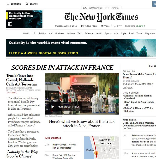 Strage a Nizza, la notizia nel mondo: ecco le prime pagine dei giornali