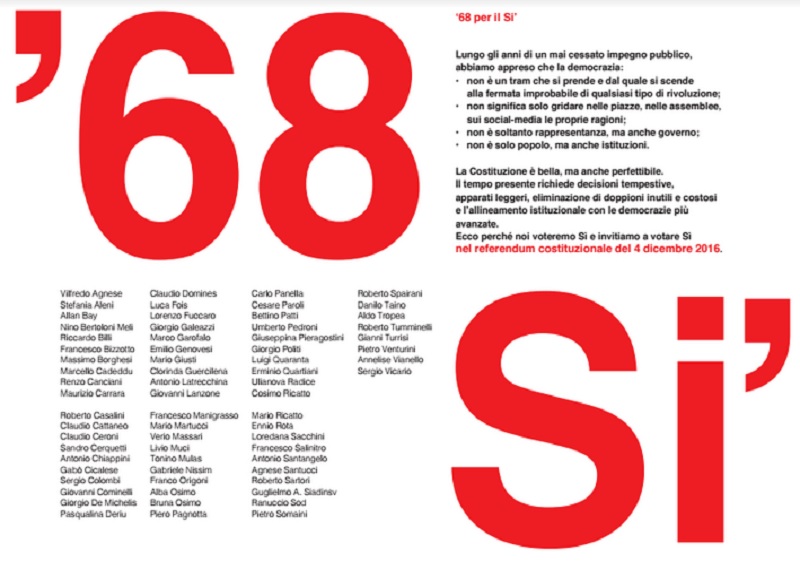 Il manifesto dei “68 Sessantottini” per il Sì al Referendum Il manifesto dei “68 Sessantottini” per il Sì al Referendum
