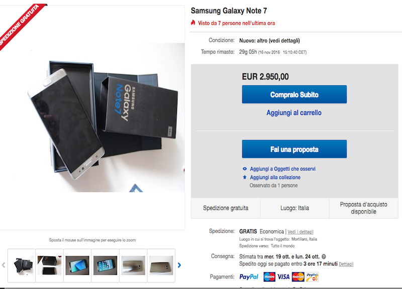 Samsung Galaxy Note 7, prezzi alle stelle su eBay (fino a 3 mila euro) Samsung Galaxy Note 7, prezzi alle stelle su eBay (fino a 3 mila euro)