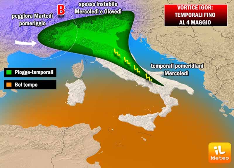 Previsioni meteo, il vortice Igor non molla: temporali e nevicate. La mappa Previsioni meteo, il vortice Igor non molla: temporali e nevicate. La mappa