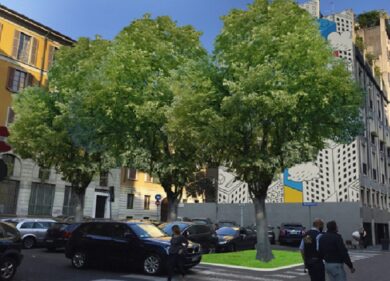 Un parcheggio sulle mura romane. Ma con un murales e qualche albero…