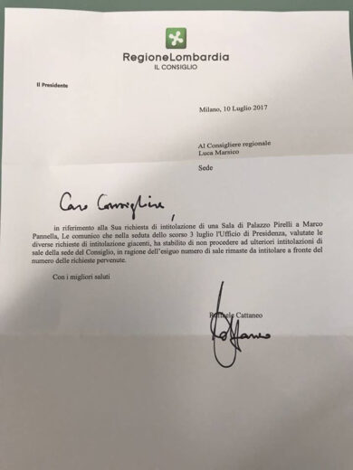 Lombardia, niente intitolazione di una Sala a Marco Pannella