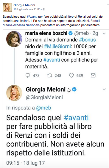 Giorgia Meloni contro Maria Elena Boschi: Scandalosa pubblicità a Renzi – FOTO Giorgia Meloni contro Maria Elena Boschi: Scandalosa pubblicità a Renzi – FOTO