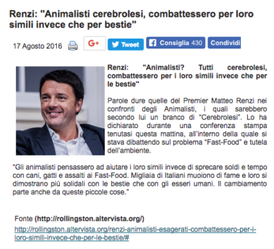 Matteo Renzi contro gli animalisti: “Sono tutti cerebrolesi”, ma è una bufala