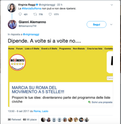 M5s Roma, Raggi dice no alla “marcia su Roma” di FN ma Alemanno la stronca