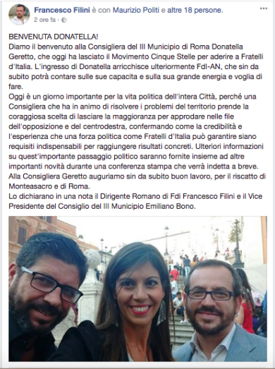 M5s Roma: Fratelli D’Italia ruba un’altra consigliera al Movimento