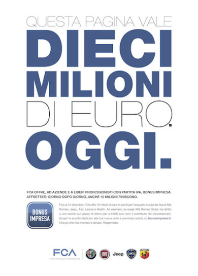 FCA presenta il Bonus impresa, 10 milioni per le auto aziendali