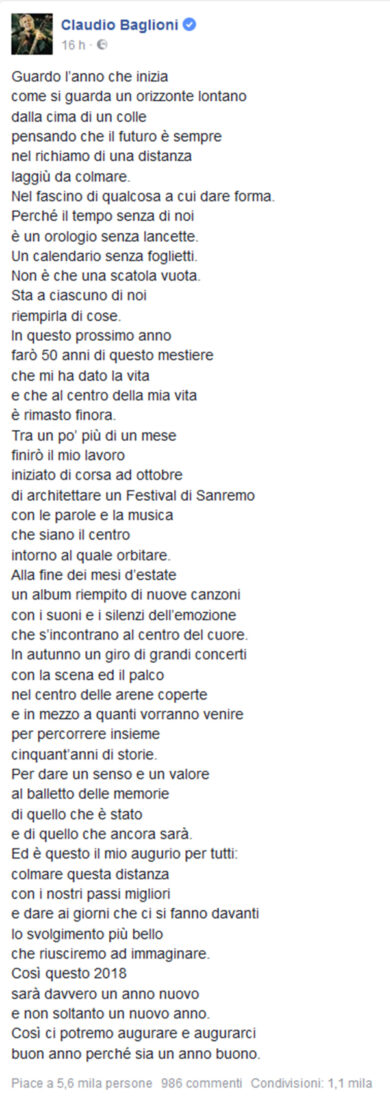 Claudio Baglioni, in arrivo il nuovo album: l’annuncio in versi su Facebook