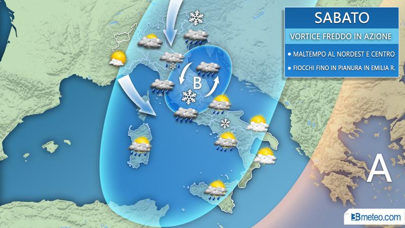 Previsioni meteo, vortice freddo tra venerdì e sabato con neve a bassa quota Previsioni meteo, vortice freddo tra venerdì e sabato con neve a bassa quota