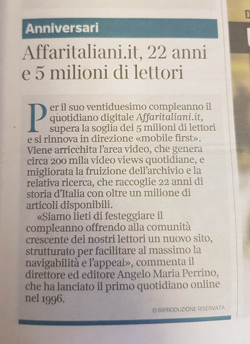 Galleria foto 'Affaritaliani.it compie 22 anni e si rinnova: la notizia sulla stampa italiana' - foto 1