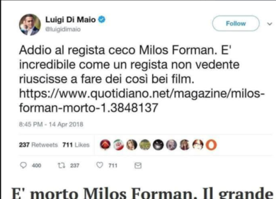 M5s, Di Maio scambia il ceco Milos Forman per un non vedente. Ma è fake news