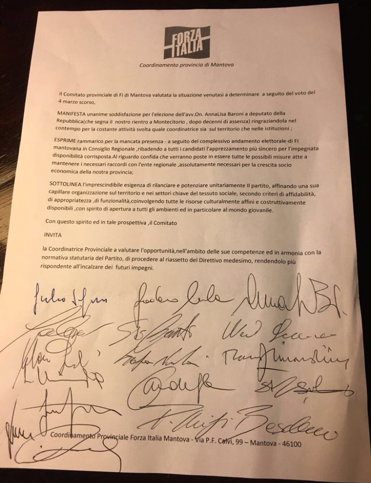 Mantova, bufera in Forza Italia: scontro Falcone-Baroni Mantova, bufera in Forza Italia: scontro Falcone-Baroni