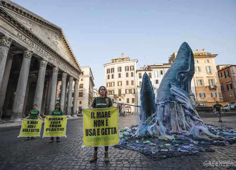 Roma, “Moriremo di plastica”. Greenpeace, guerrilla di balene al Pantheon