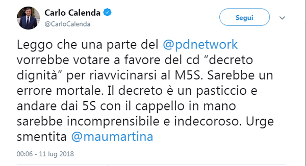 Tweett calenda m5s decreto dignità Tweett calenda m5s decreto dignità