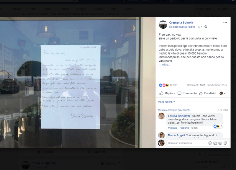 NO VAX NON SIETE BENVENUTI, gelateria espone un cartello pro obbligo vaccini NO VAX NON SIETE BENVENUTI, gelateria espone un cartello pro obbligo vaccini