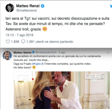 Renzi copia Salvini: ora sui social si ispira al leader del Carroccio