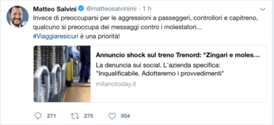 Annuncio contro gli “zingari”: Salvini si schiera con la dipendente di Trenord