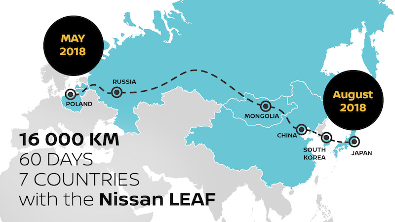 Nissan LEAF percorre 16.000 km a zero emissioni dalla Polonia al Giappone Nissan LEAF percorre 16.000 km a zero emissioni dalla Polonia al Giappone