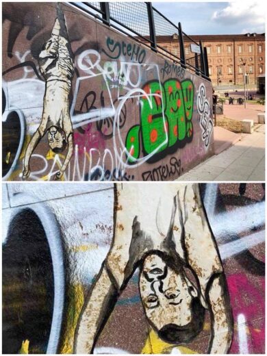 Salvini appeso a testa in giù: murale choc a Torino. FOTO-VIDEO