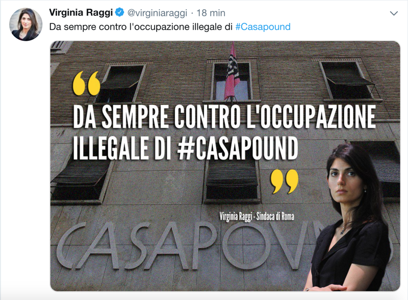 Sgombero CasaPound, Raggi si schiera: Da sempre contro l’occupazione illegale Sgombero CasaPound, Raggi si schiera: Da sempre contro l’occupazione illegale