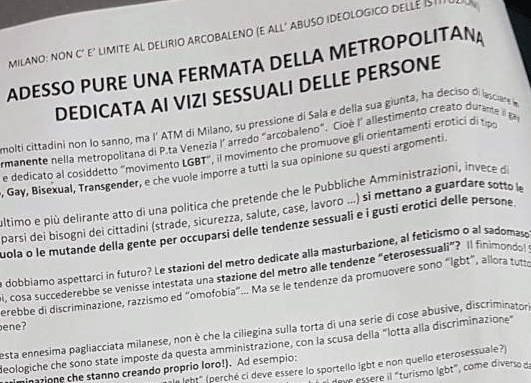 Deliri anti-Lgbt sulla metropolitana arcobaleno a Milano: il volantino Deliri anti-Lgbt sulla metropolitana arcobaleno a Milano: il volantino