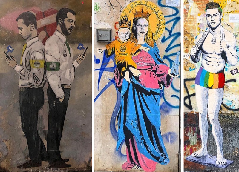 Salvini e Di Maio, Santa Chiara (Ferragni)… la street art di Tvboy. FOTO Salvini e Di Maio, Santa Chiara (Ferragni)… la street art di Tvboy. FOTO