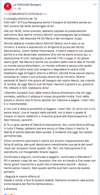 Feltrinelli: “Il Pd ci paga”. Ma è una fake news e la sinistra va in tilt