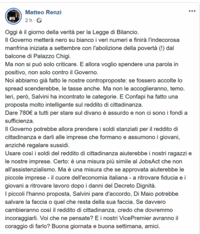 Renzi “ruba” le proposte di Siri. Manovra, l’ex premier loda la Lega