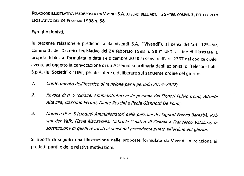 Galleria foto 'Tim, ecco le motivazioni della richiesta di Vivendi di revoca di 5 consiglieri' - foto 1