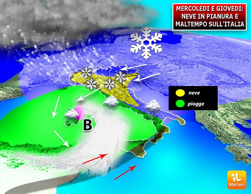Previsioni meteo, neve in pianura: regioni colpite tra mercoledì e giovedì Previsioni meteo, neve in pianura: regioni colpite tra mercoledì e giovedì