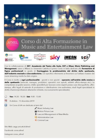 Corso di Alta Formazione in Music and Entertainment Law, prima edizione
