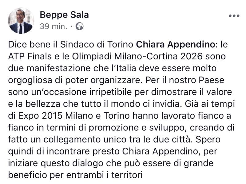 Sala, apertura verso Appendino: “Tra Milano e Torino un collegamento unico” Sala, apertura verso Appendino: “Tra Milano e Torino un collegamento unico”