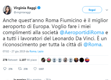 Virginia Raggi contro Di Maio? Il tweet su Fiumicino  che scatena la polemica