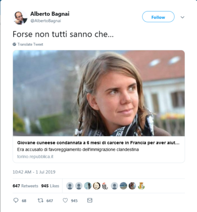 La ‘Carola italiana’ condannata per favoreggiamento dell’immigrazione nel 2017