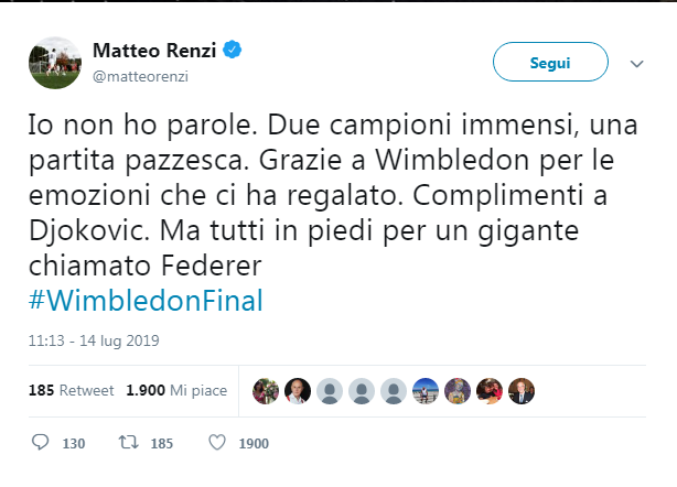 Wimbledon: da Fiorello a Salvini, Gentiloni e Renzi, entusiasmo social. FOTO Wimbledon: da Fiorello a Salvini, Gentiloni e Renzi, entusiasmo social. FOTO