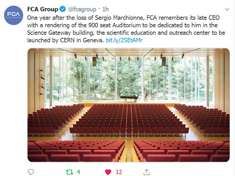 FCA: il Cern di Ginevra dedica l’Auditorium a Sergio Marchionne FCA: il Cern di Ginevra dedica l’Auditorium a Sergio Marchionne