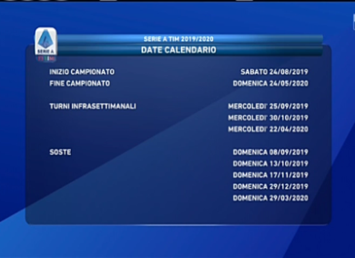 Calendario Serie A 19/20: Juve-Napoli, Lazio-Roma alla 2°. Milan-Inter alla 4°