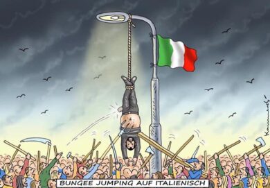 Salvini, spunta vignetta con lui a testa in giù: “Bungee jumping all’italiana”