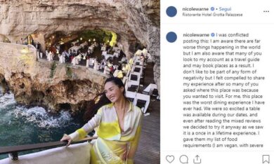 Cena da sogno a Polignano a Mare, ma l’influencer vegana boccia il ristorante