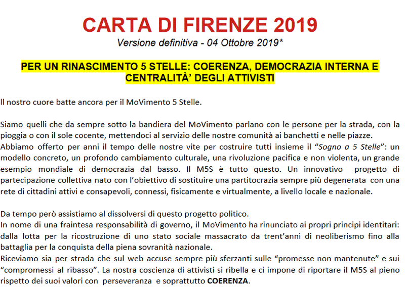 La “Carta di FIRENZE 2019”. Il documento dei ribelli M5S La “Carta di FIRENZE 2019”. Il documento dei ribelli M5S