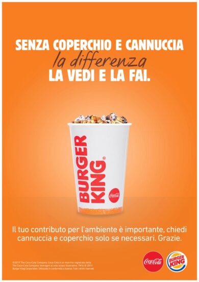 Burger King segue McDonald’s. Via tappi e cannucce di plastica