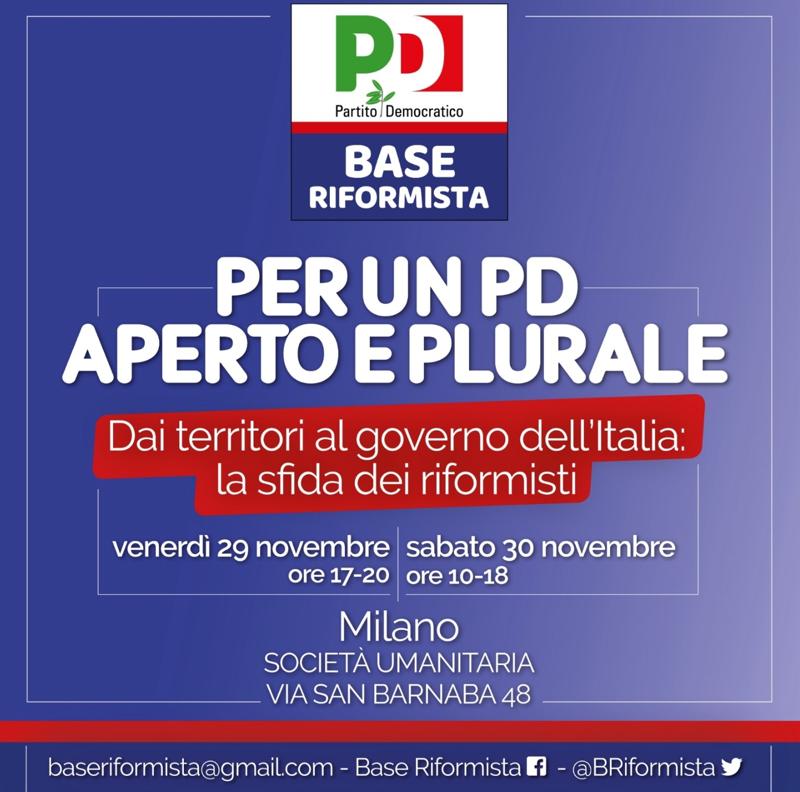 Pd, Base riformista: assemblea nazionale a Milano il 29 e 30 novembre