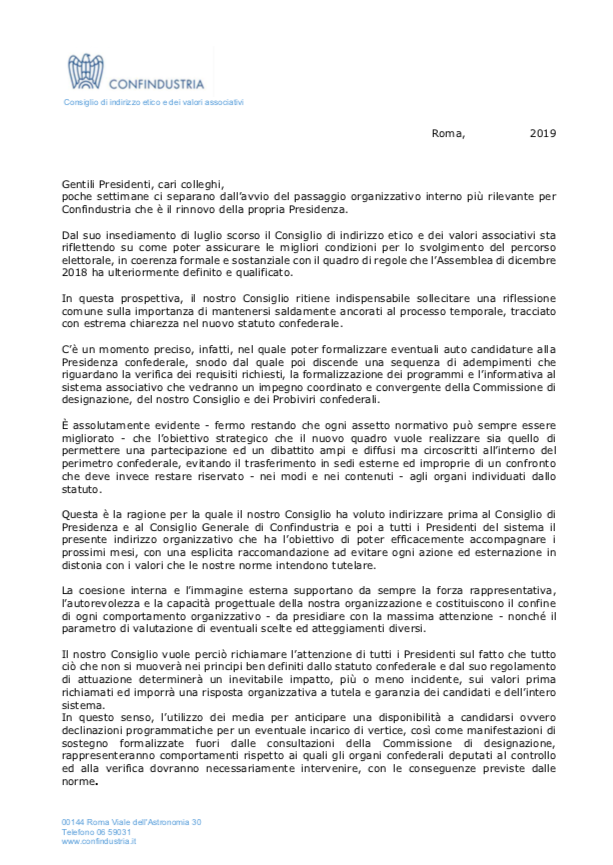 Confindustria, altolà ai candidati. Lettera con le regole di condotta