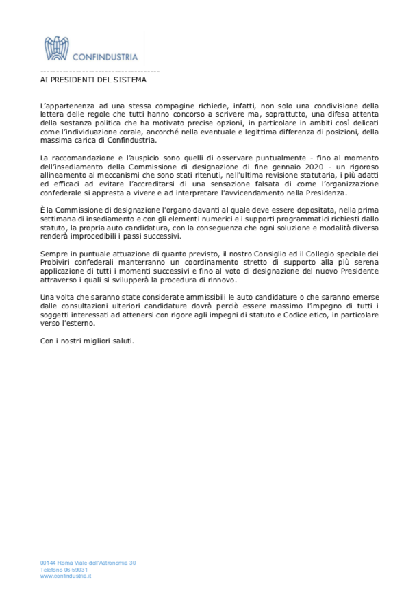 Confindustria, altolà ai candidati. Lettera con le regole di condotta