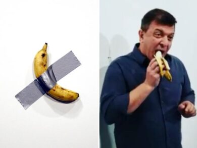 Mangia la banana da 120 mila dollari. Datuna “distrugge” l’opera di Cattelan